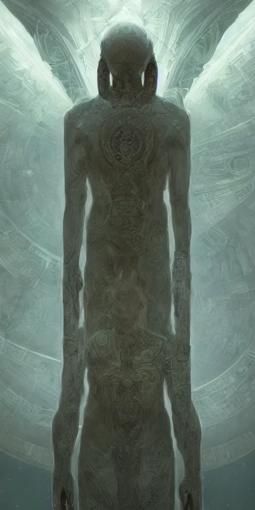 Image similar to symmetry!! the ethereal dream of a man praying to the anunaki, ancient astronauts, intricate, very detailed, perfect lighting, perfect composition, artgerm, derek zabrocki, greg rutkowski, 4 k