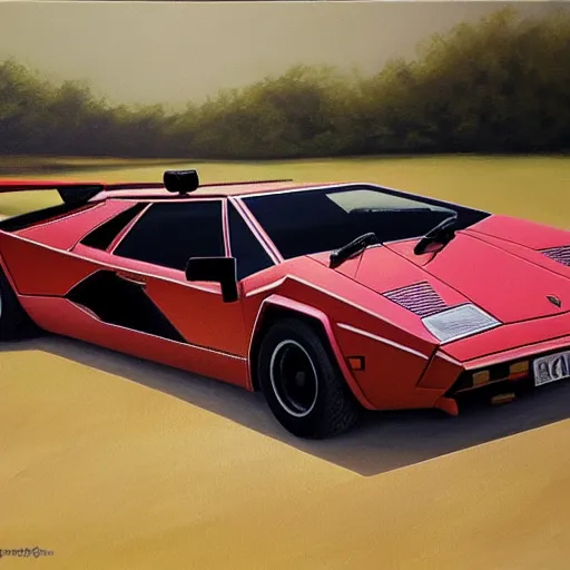 Image similar to A beautiful oil painting of a Lamborghini Countach, volumetric lighting, photorealistic, highly detailed.