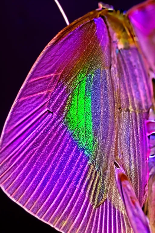 Prompt: high quality close-up photo iridescent moth! jeweled gorgeous! highly detailed david ligare elson peter cinematic purple neon lighting high quality low angle hd 8k sharp shallow depth of field