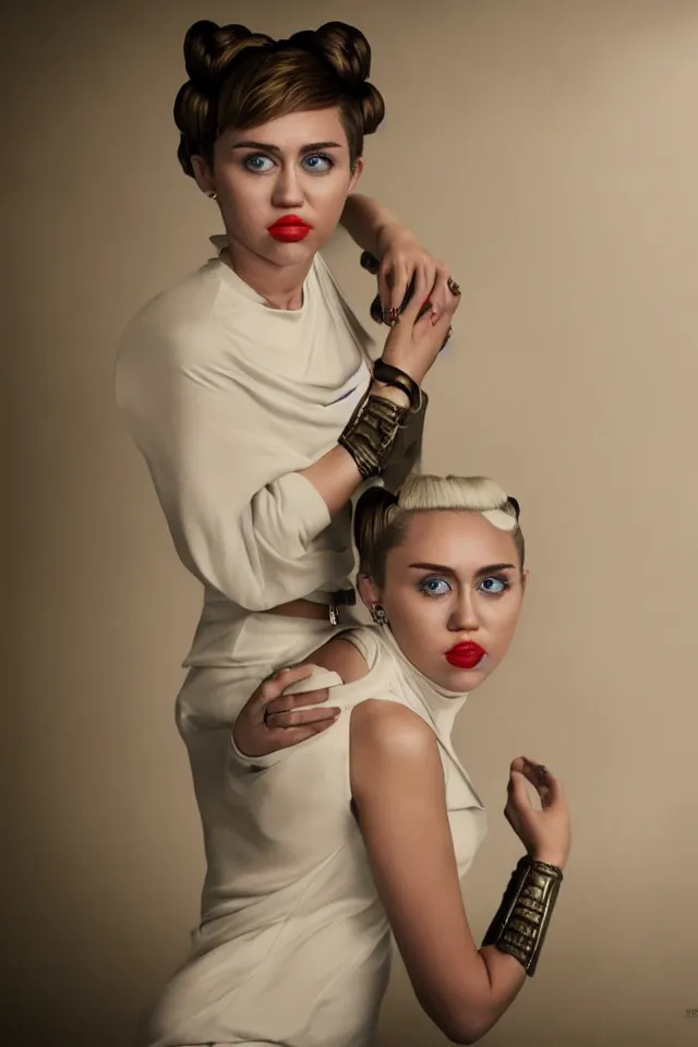 Prompt: Miley Cyrus as Princess Leia, posing for a Portrait. Clean Backdrop. Dramatic Lighting. Stylistic Colors. Majestic Pose. Studio photography. 3-Point Lighting. Retouched. 4K HD Wallpaper. Premium Prints Available.