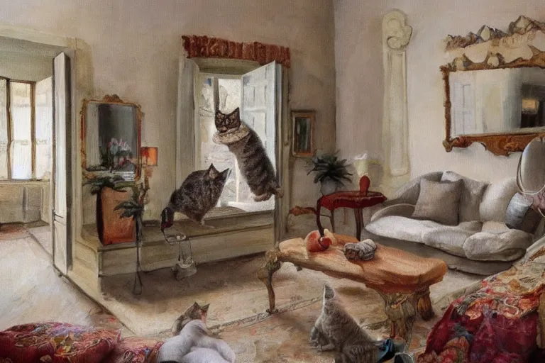 Image similar to Funny cat jumps in provence style living room, photorealism,