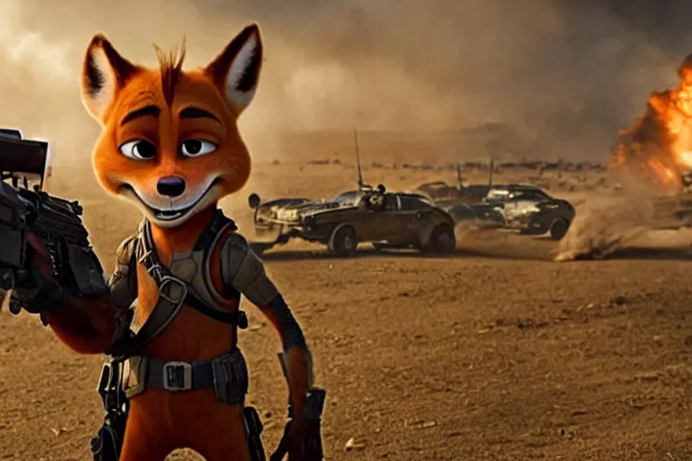 Image similar to nick wilde, heavily armed and armored facing down armageddon in a dark and gritty reboot from the makers of mad max : fury road : witness me