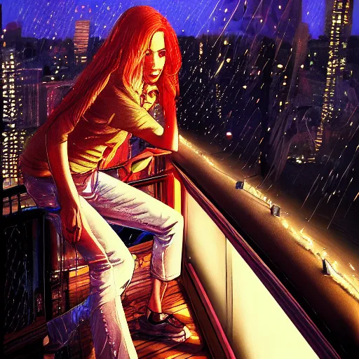 Prompt: a beautiful artwork of a woman with red hair in jeans and a white shirt smoking on the balcony of a hotel at night, top view, cinematic shot, rainy, marvel, dc comics neon and rainy theme atmosphere by Jerome Opeña, featured on artstation