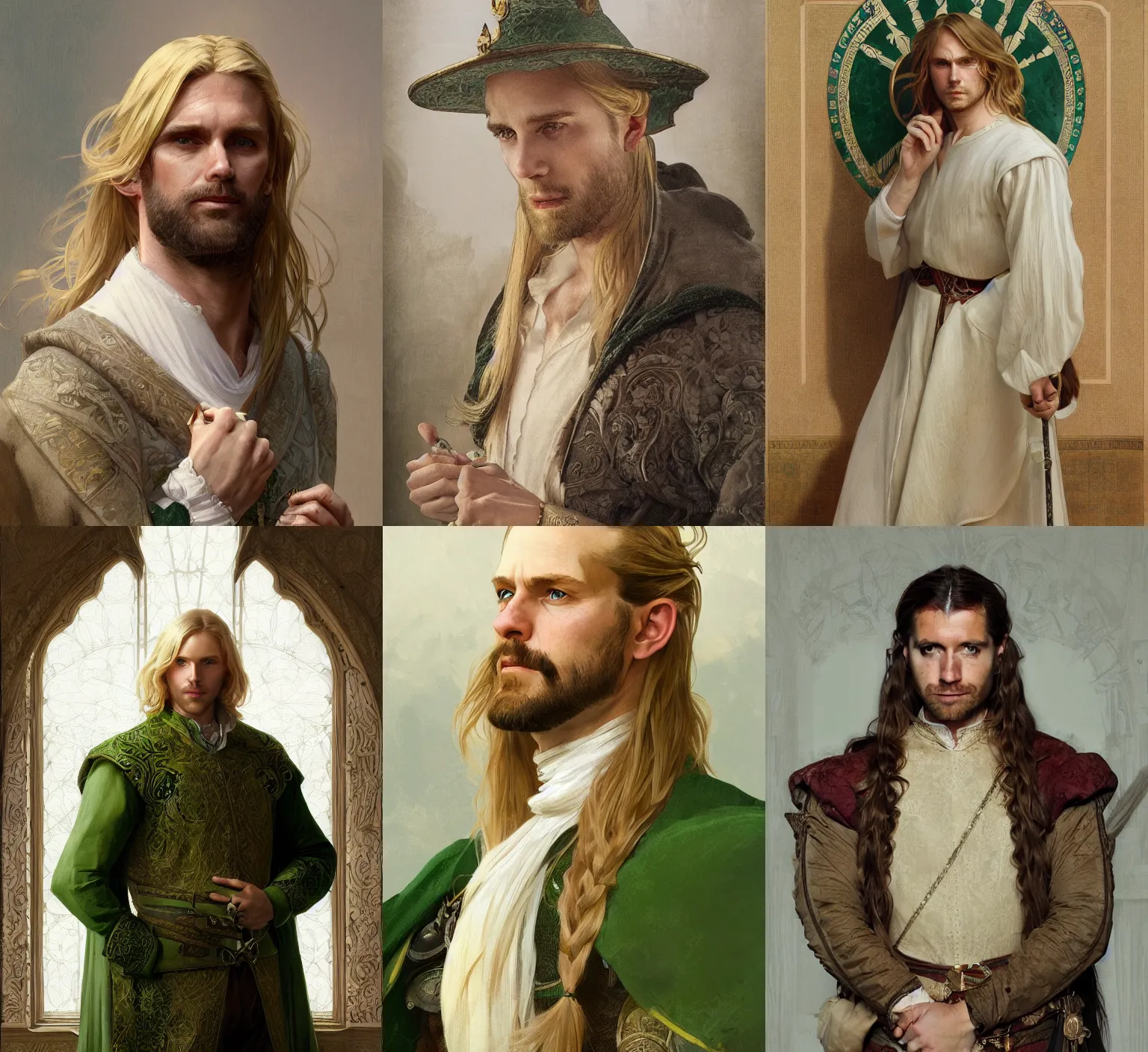 Prompt: medium-length portrait of a 35-year-old male noble with long blonde hair and green eyes, white skin, smug expression, elegant clothing, medieval setting, highly detailed, digital painting, artstation, concept art, sharp focus, illustration, art by greg rutkowski and alphonse mucha