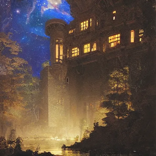 Prompt: a renaissance castle in a forest with a glowing night sky, upward angle, by ruan jia