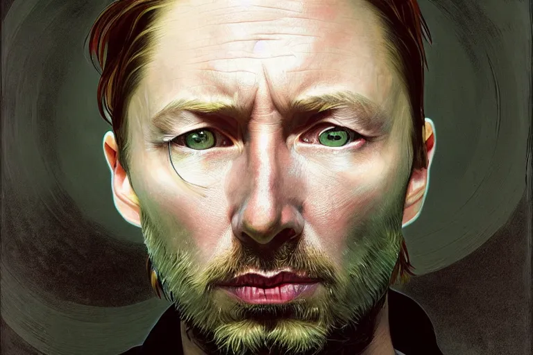 Prompt: hyper realistic portrait of wider faced thom yorke, bigger nose, bigger forehead, bigger chin, on a stage, by lee bermejo, alphonse mucha and greg rutkowski