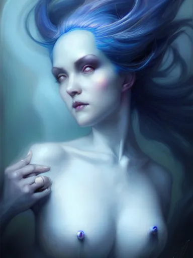 Image similar to dark sorceress with blue skin by james jean, charlie bowater, tom bagshaw, nikolay makovsky, melanie delon : : enchanting, ethereal, magical, glowing, sparkle, prismatic, portrait, character design, illustration, hyperrealism, photorealism, digital art, concept art, dark fantasy, whimsy, weta, wlop, artstation