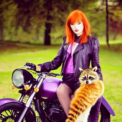 Image similar to a high - fashion photo of a slender beautiful woman with straight ginger hair and bangs, wearing purple leathers and gold helmet, posing with large ginger tabby and raccoon on a motorcycle in front yard, holding coffee mug and toasted brioche bun, fashion photography, dramatic lighting, 8 5 mm lens