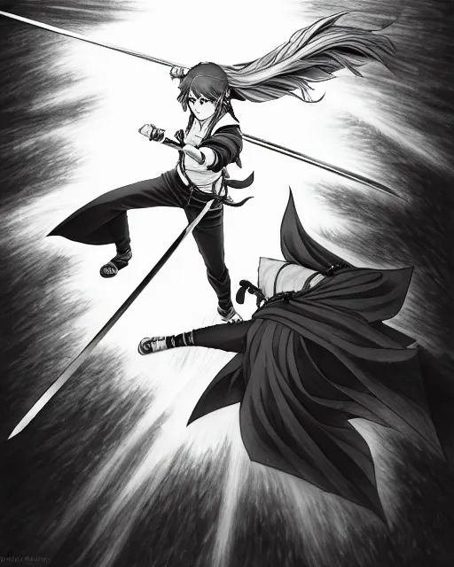 Image similar to a very detailed pencil drawing of emma watson in demon slayer manga panel, action lines, on rooftop, back light, sword slash, high resolution, dynamic pose, landscape, full body, action, sword, hyper realistic, manga, koyoharu gotouge, sakuga