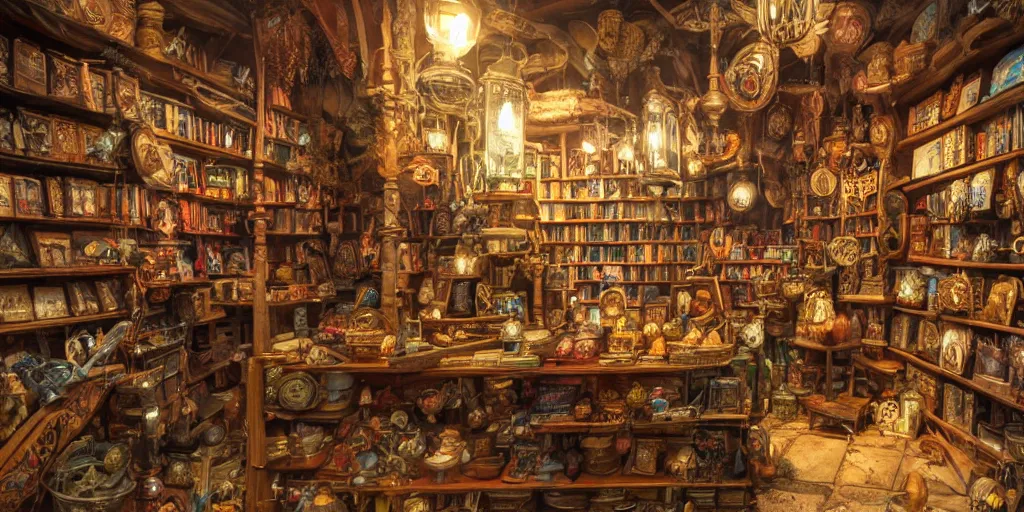 Image similar to Inside an old Magical Shop, Magic Items on shelves, books, beautiful labels, fantasy vendor interior, wide angle, highly detailed, rich bright colors, trending on artstation