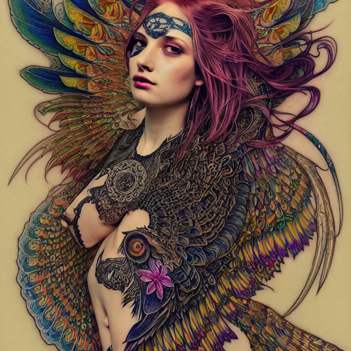 Image similar to extremely psychedelic tattoo design made of wings, LSD tattoo design, diffuse lighting, fantasy, intricate, elegant, highly detailed, lifelike, photorealistic, digital painting, artstation, illustration, concept art, smooth, sharp focus, art by John Collier and Albert Aublet and Krenz Cushart and Artem Demura and Alphonse Mucha