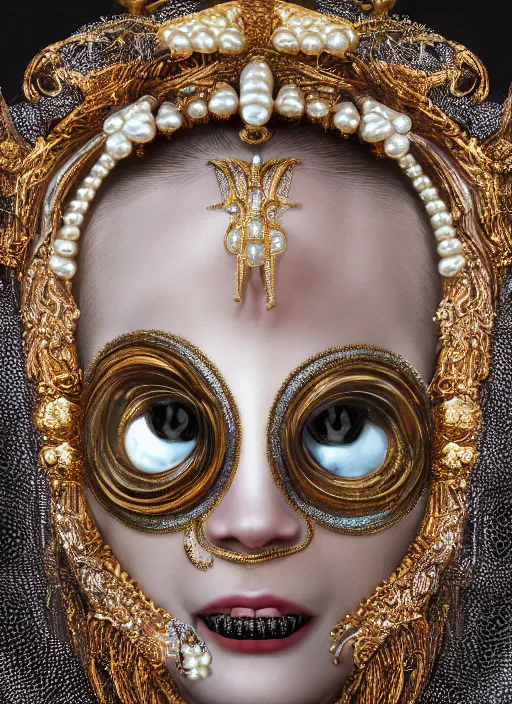 Image similar to hyperrealism, detailed textures, award winning autochrome portrait photo, symetrical japanese pearl beautiful smiling medusa queen autochrome pearl portrait, pearl silverplate, intricate, detailed facial pearl scary animal mask, pearl, golden jewelery, silverplate, ultra realistic, cinematic, intricate, cinematic light by ray ceasar, unreal engine 8 k