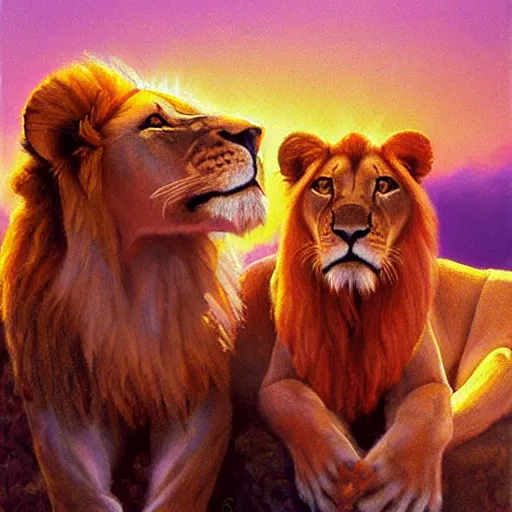 Image similar to spiritual twin flame lioness and lion art pink sunset hue highly detailed oil painting hue by craig mullins