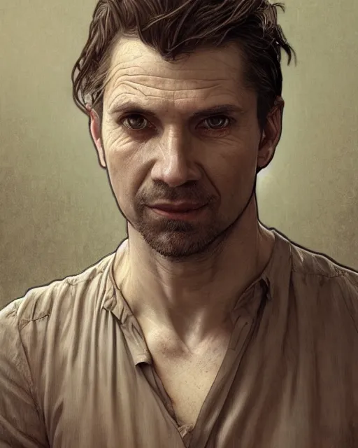 Prompt: portrait of 4 0 - year - old man, with a pale face with premature lines, and light brown hair going grey, wearing in shirt, hyper realistic face, beautiful eyes, fantasy art, in the style of greg rutkowski, intricate, alphonse mucha, hyper detailed, smooth