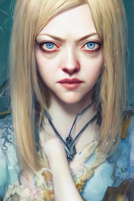 Image similar to character portrait of Amanda Seyfried with gorgeous detailed eyes, color page, tankoban, 4 k, tone mapping, doll, akihiko yoshida, james jean andrei riabovitchev marc simonetti, yoshitaka amano, willowy frame,