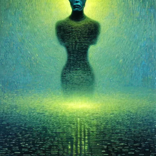 Image similar to The first artificial general intelligence awakens - award-winning digital artwork by Salvador Dali, Beksiński, Van Gogh and Monet. Stunning lighting