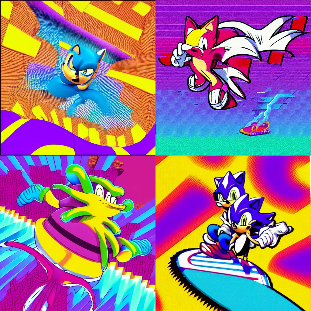 Prompt: surreal, sharp, wavy, professional, high quality airbrush vaporwave art MGMT album cover of a liquid dissolving LSD DMT sonic the hedgehog surfing through pixel lands, purple checkerboard background, 1990s 1992 Sega Genesis video game album cover sonic the hedgehog