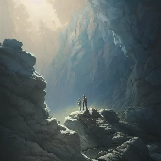 Image similar to a vast dry rocky plain with a network of cracks all over, zoomed out view. a young man with long dark hair wearing a long blue coat stands in the distance, glowing. fantasy painting by greg rutkowski.