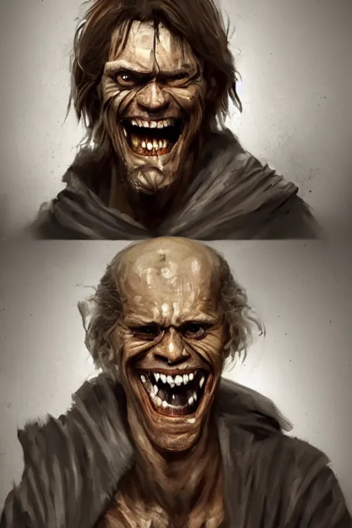 Prompt: A deranged filthy man looking like Wille. Dafoe wearing long dark damaged ripped robes looking at the ca.era with a creepy smile, long fingernails, unclipped fingernails, sharp fingernails, focus on face, sharp focus, digital painting, trending on artstation, concept art, fantasy, medieval, D&D