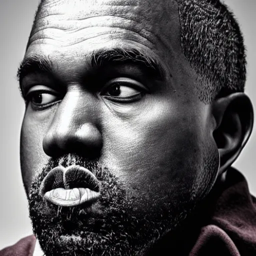 Image similar to the face of old kanye west wearing yeezy clothing at 5 6 years old, portrait by julia cameron, chiaroscuro lighting, shallow depth of field, 8 0 mm, f 1. 8