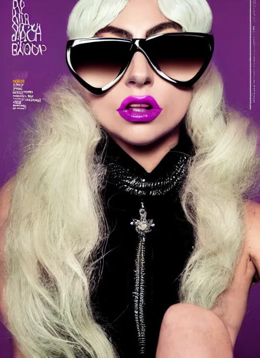 Image similar to lady gaga styled by nick knight posing, born this way 2 0 1 1 album inspired, photohoot, long platinum blonde hair with bangs fringe, versace sunglases, vogue magazine, canon, highly realistic. high resolution. highly detailed. dramatic. 8 k. 4 k.