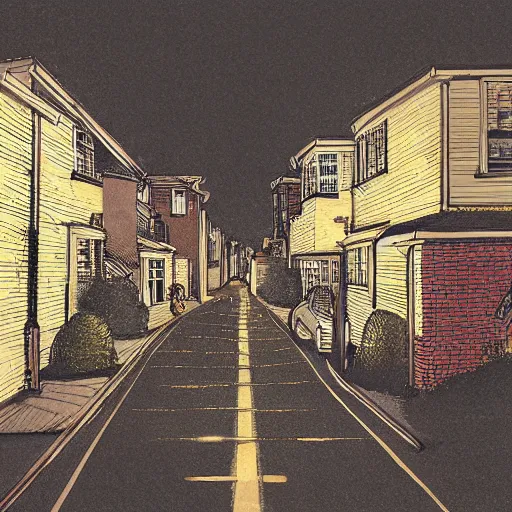 Image similar to suburban street in the uk, at night, by kim jung gi