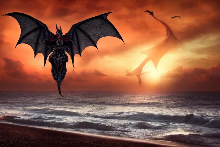 Prompt: beautiful occult dragon flying over the sunset on a beach, trending on Artstation, visually stunnning, matte painting, award-winning