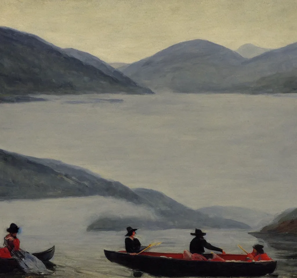 Image similar to one beautiful woman sitting in canoe on the hudson river, mountains in mist in the background, oil painting, style of george bellows