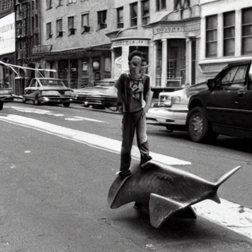 Prompt: The first street shark discovered in new york streets, circa 1992, photograph