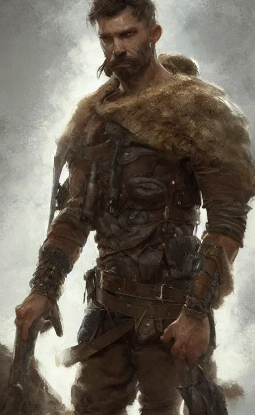 Image similar to Portrait of a rugged ranger, male, muscular, straight nose!!!, detailed face, thighs!!!, simple clothing!!!!!, boots!!!! fantasy, medieval, highly detailed, cinematic lighting, digital art painting by greg rutkowski