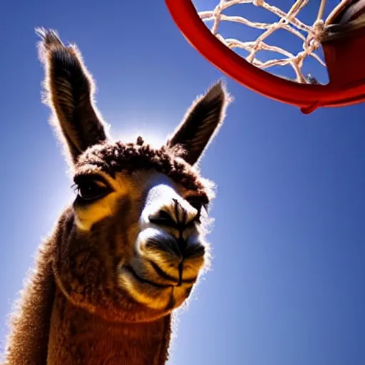 Prompt: film still of a llama dunking a basketball, low angle, extreme long shot, indoors, dramatic backlighting