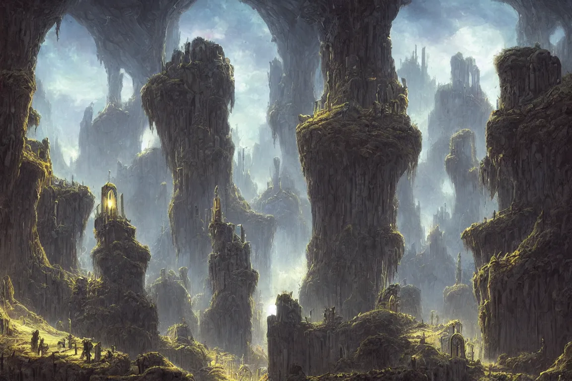 Prompt: subterranean necropolis in the style of dr. seuss, starships, painting by raphael lacoste