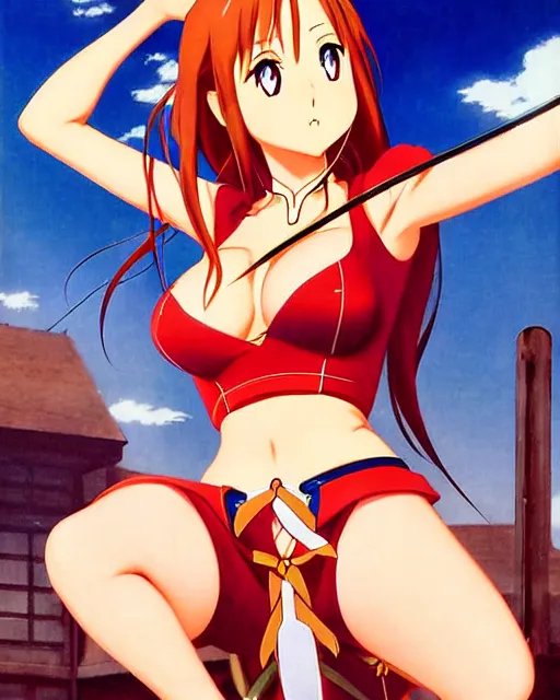 Image similar to pinup photo of asuna from sao in the crowded pub, asuna by a - 1 pictures, by jean giraud, kezie demessance, gil elvgren, james jean, enoch bolles, glossy skin, pearlescent, anime, very coherent, sao style anime, flat, long shot