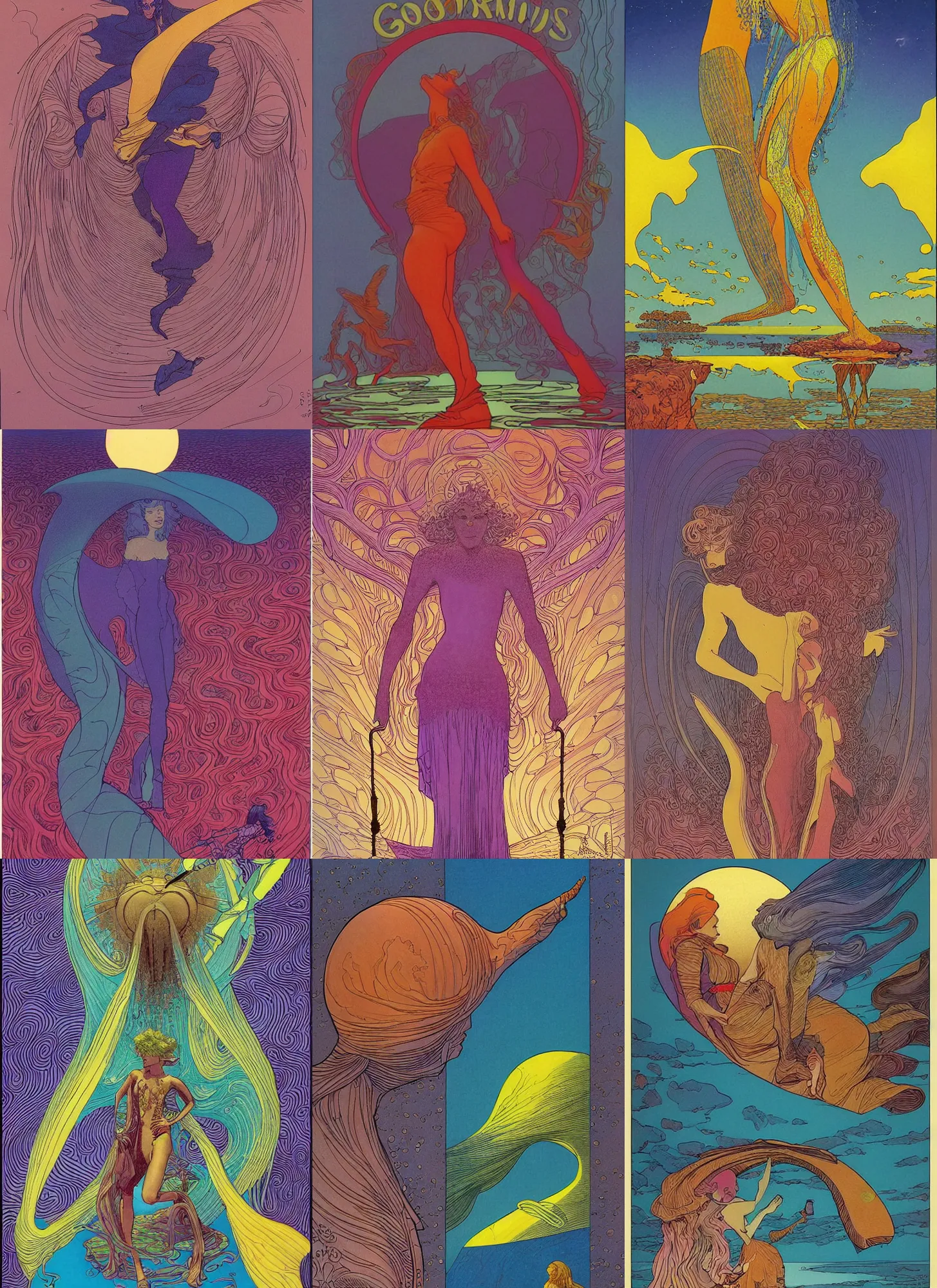 Prompt: good morning, by moebius, by jean henri gaston giraud, by jean gir, in the style of the world of edena by moebius, psychedelic fantasy and surrealism