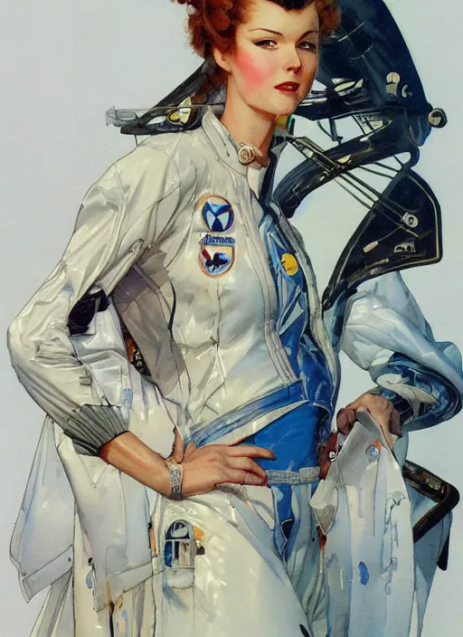 Image similar to a copic maker art nouveau portrait nobara kugisaki futuristic latex pilot suit and a puffy kimono by john berkey norman rockwell