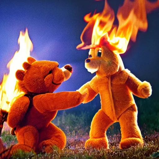 Prompt: candid photo of Teddy Ruxpin on fire in the woods, fighting valiantly against Smokey The Bear by Annie Leibowitz, photorealisitc, extremely detailed