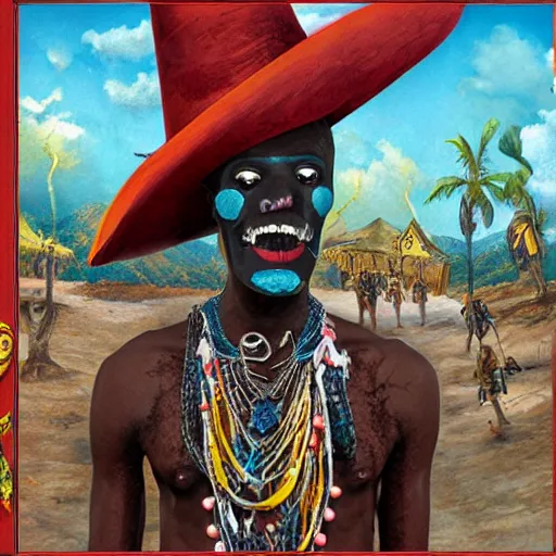 Image similar to detailed matte painting of traditional Haiti voodoo folk art with baron samedi, 8k, vivid