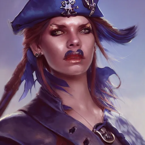 Image similar to Female pirate captain with blue skin, 4k oil on linen by wlop, artgerm, andrei riabovitchev, nuri iyem, james gurney, james jean, greg rutkowski, highly detailed, soft lighting 8k resolution