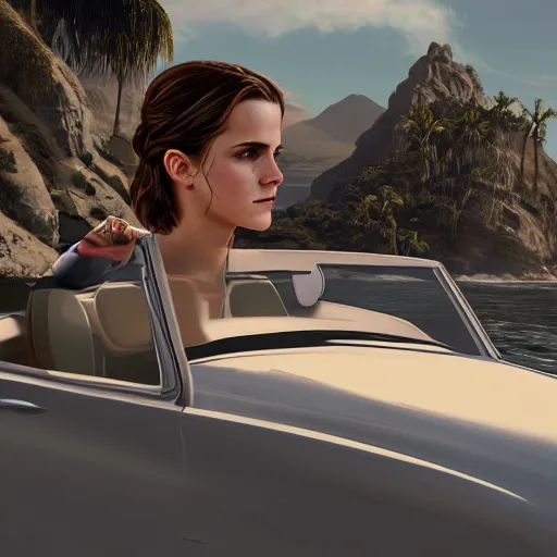 Prompt: highly detailed painting emma watson and jennifer lawrence driving a cabrio along a costal scenic route, gta 5 cover art style, 8 k, radiant light, detailed and intricate environment, trending on artstation