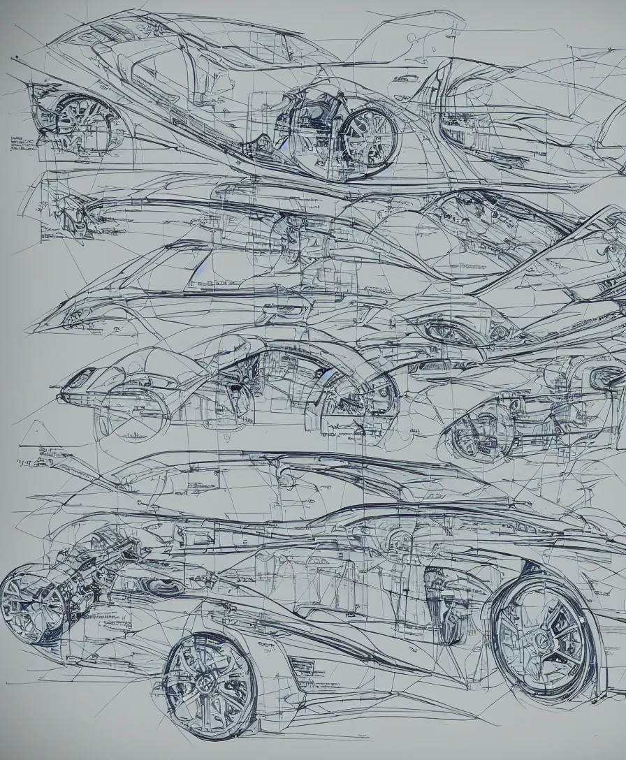 Image similar to automotive blueprints engineering plans in the style of Davinci concept sketch markers