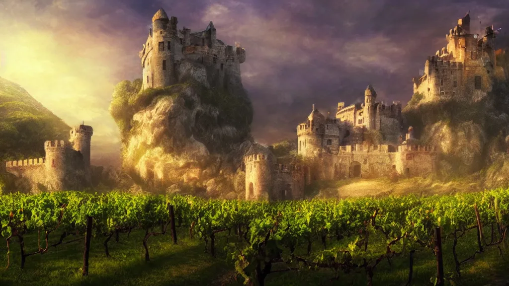 Prompt: castle with vineyard near coast , sunny , Game of Thrones, volumetric lighting, fantasy artwork, very beautiful scenery, very realistic painting effect, hd, hdr, cinematic 4k wallpaper, 8k, ultra detailed, high resolution, artstation