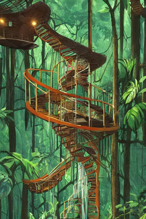 Prompt: tree house in the rainforest, spiral staircase, swings, garden, by alba ballesta gonzalez. 4 k wallpaper, digital flat 2 d, comic book, illustration, cinematic lighting, smooth sharp focus.