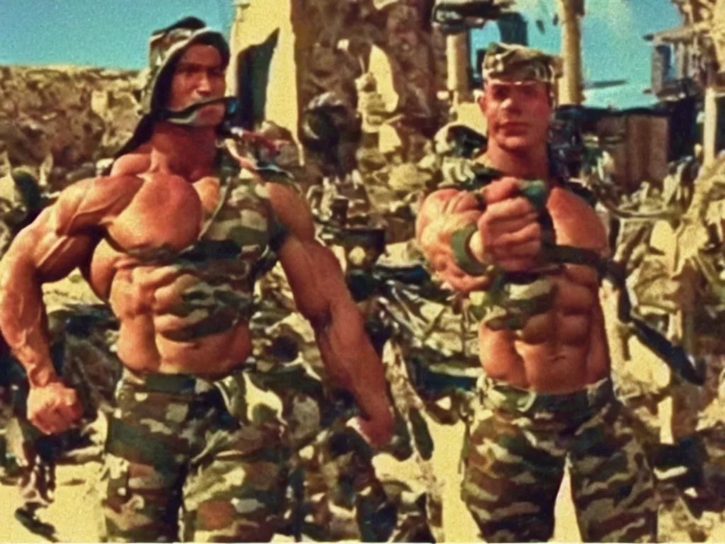 Prompt: vintage 90s VHS video still of a muscular soldier promoting Bagdad, retro TV, noise, hue