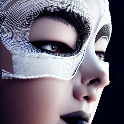 Image similar to ultra detailed woman wearing a white mask with black wires on her head, featured on behance, net art, made of wire, 5 0 mm lens, elegant, hyper realistic, ultra detailed, octane render, volumetric lighting, 8 k post - production