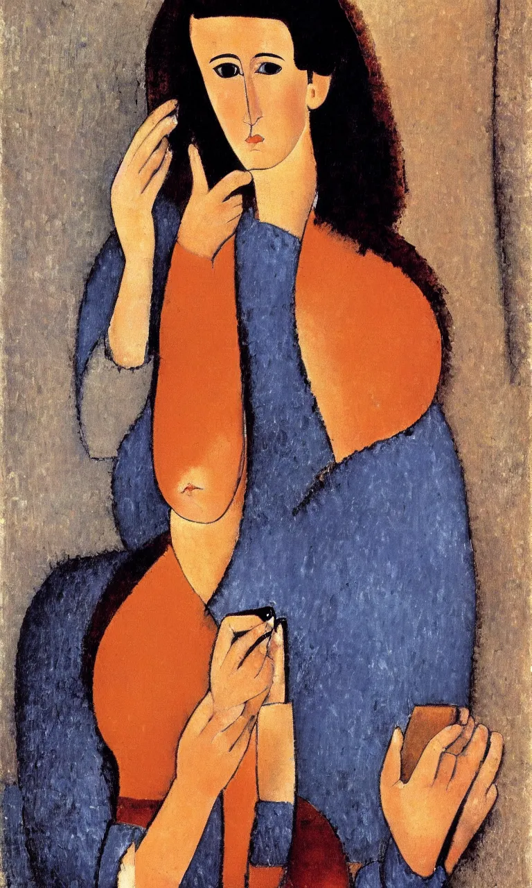 Image similar to amedeo modigliani. close up portrait of a woman with brown hair and a blue rollneck sweather holding an iphone in her hand. very soft brush.