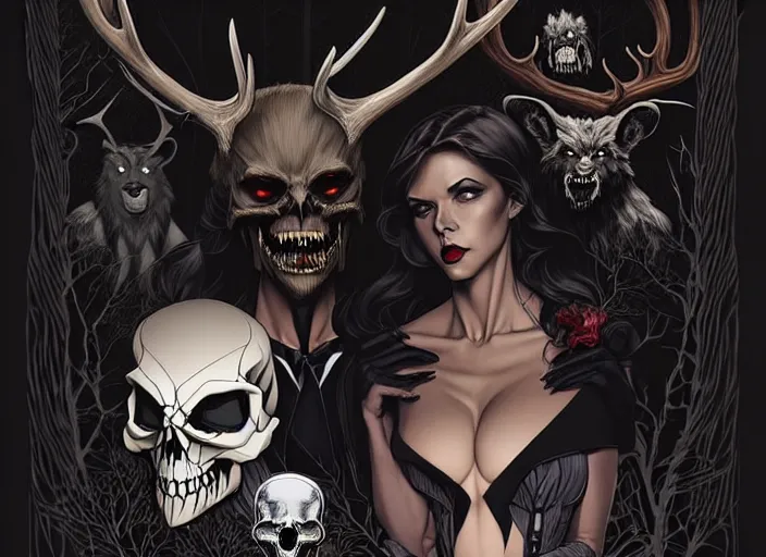 Image similar to style artgerm, joshua middleton, steve niles, diego fazio, j. c. leyendecker : : scary wendigo with antlers and skull face mixed with werewolf : : [ beautiful witch wearing a black dress, symmetrical face, on the right side ] : : in the forest, detailed, dark and foggy, cinematic lighting