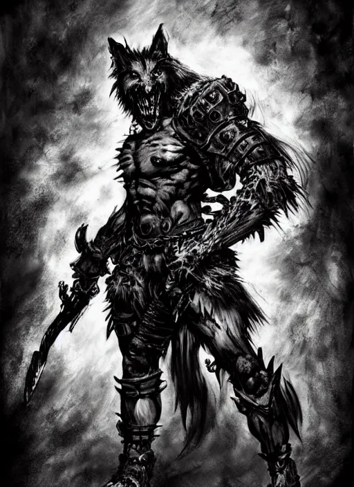 Image similar to Full body portrait of a scary gnoll wolf man. Armour made of human skulls. In style of Yoji Shinkawa and Hyung-tae Kim, trending on ArtStation, dark fantasy, great composition, concept art, highly detailed.