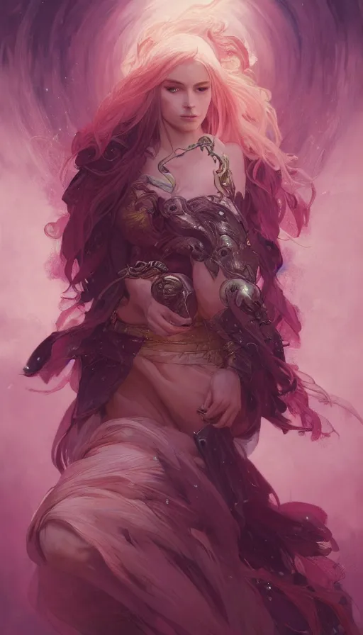 Image similar to portrait of the warrior sorceress of hearts, dreamy and ethereal, expressive pose, big pink eyes, fantasy, intricate, elegant, rose tones, highly detailed, digital painting, smooth, sharp focus, illustration, pixiv, trending on artstation and greg rutkowski and alphonse mucha