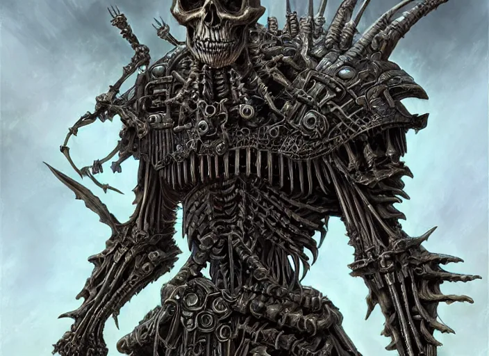 Image similar to an intricate skeletal mechanical evil warrior, highly detailed 4 k painting, dramatic cold light, style of gerald brom