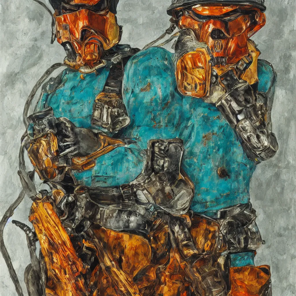 Image similar to high quality high detail painting by lucian freud, jenny savile, portrait of fire trooper, turquoise, hd